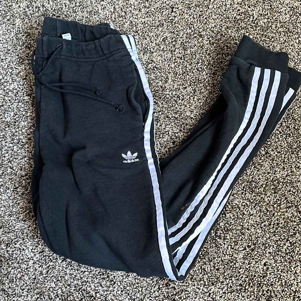 Adidas Classic Black Striped Joggers, lightly worn